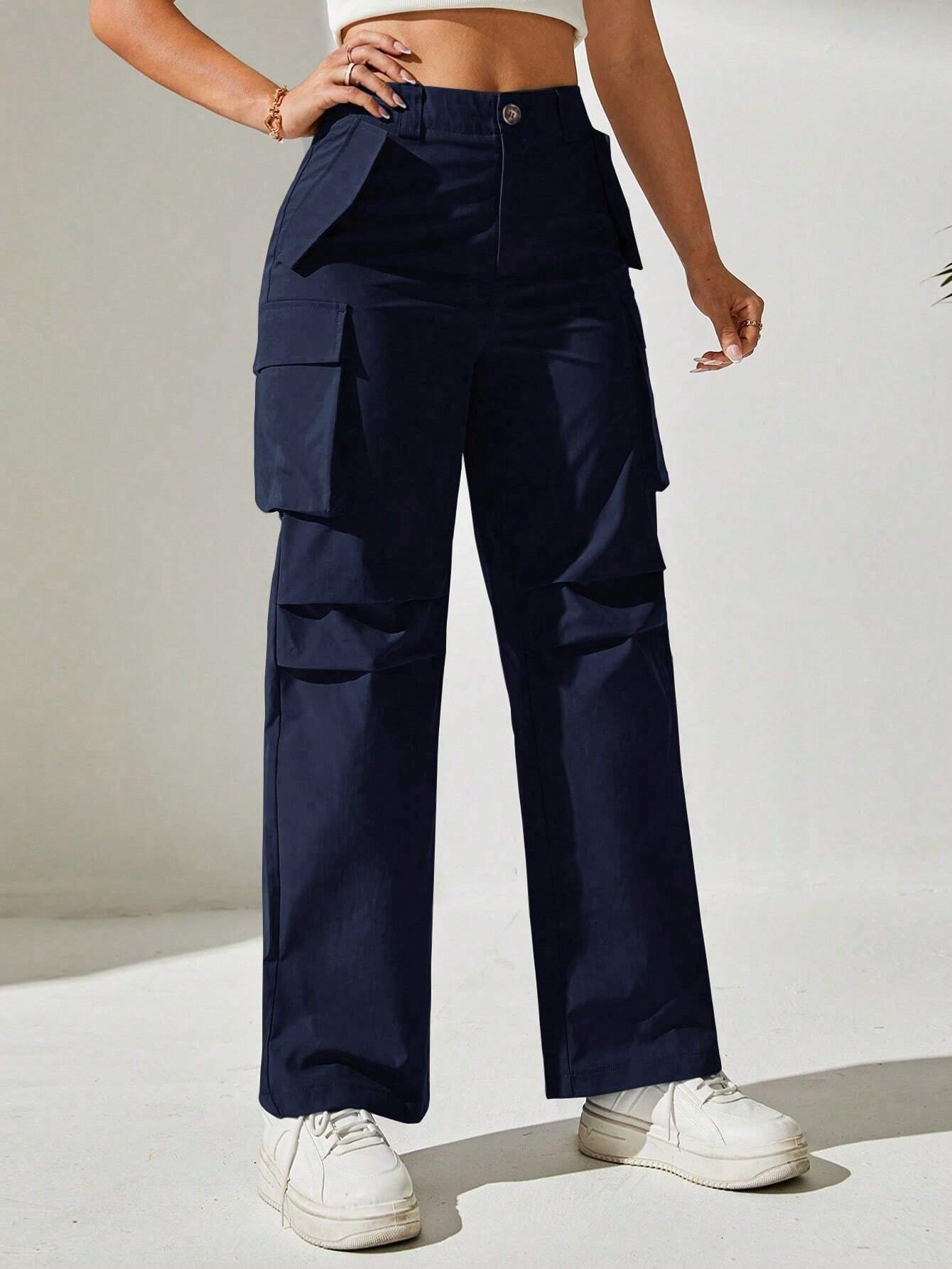 Pantalones cargo con bolsillo con solapa sólido - Imagen 3