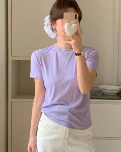 Camiseta de manga corta de cuello redondo de unicolor versátil