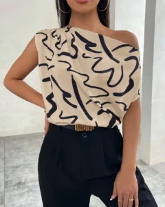 Blusa asimétrica con cuello estampado para mujer