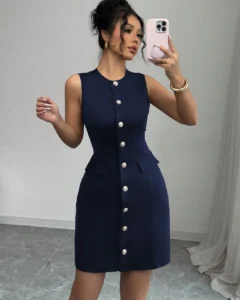 Vestido sin mangas elegante y de moda con botones delanteros y cintura