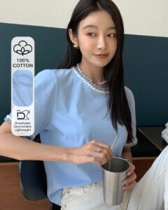 Camiseta De Manga Abullonada Con Ribete De Contraste