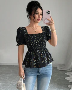 Blusa elegante con botones y ajuste delgado con estampado de flores diminutas