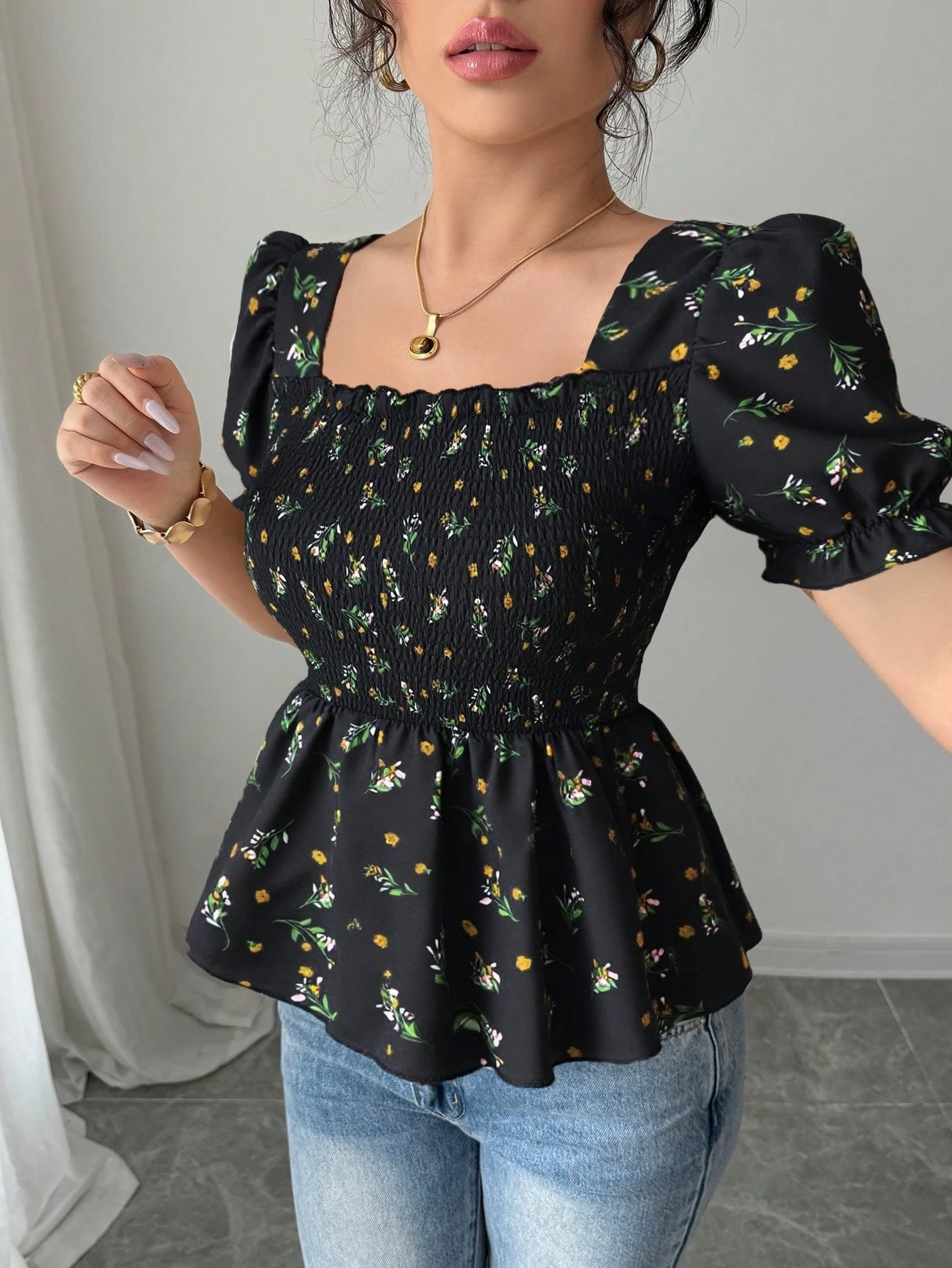 Blusa elegante con botones y ajuste delgado con estampado de flores diminutas - Imagen 3