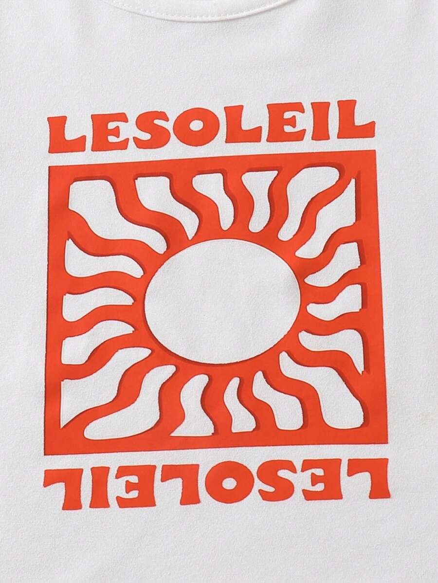 Camiseta con cuello redondo, estampado y pantalones cortos a rayas - Imagen 3