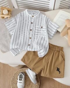 camisa casual a rayas y pantalones cortos sueltos bordados