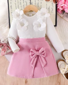 Blusa de manga larga con flor de perla 3D y falda con lazo