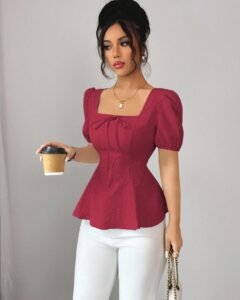 Blusa elegante de mujer con manga de farol de lazo francés y tela jacquard