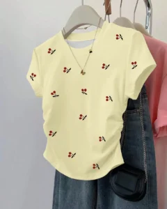 Top ajustado con cintura fruncida para salir, camiseta de manga corta con estampado