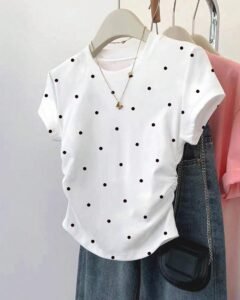 Top ajustado con cintura fruncida para salir, camiseta de manga corta con estampado