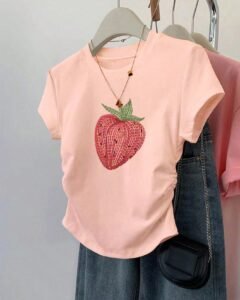 Top ajustado con cintura fruncida para salir, camiseta de manga corta con estampado