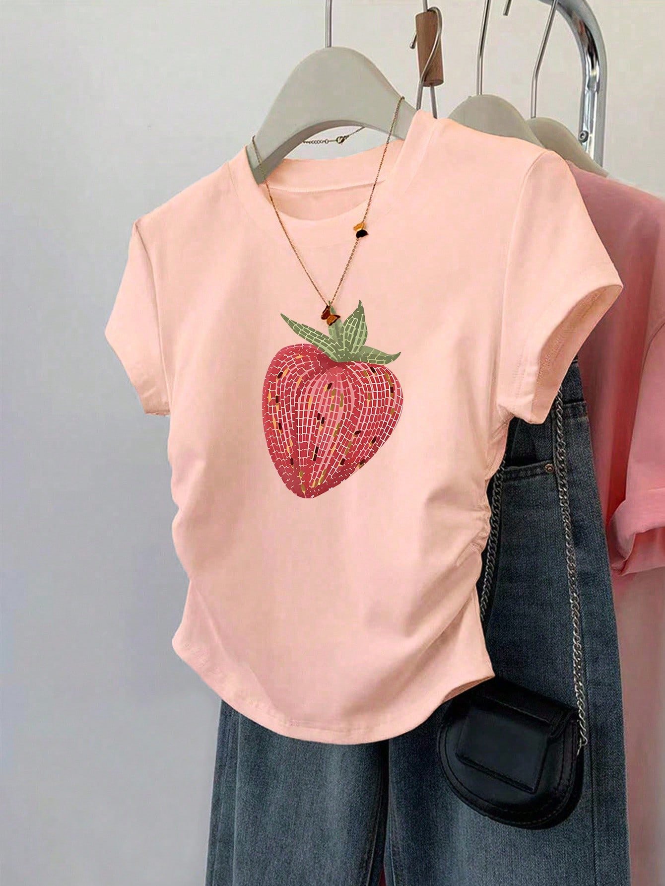 Top ajustado con cintura fruncida para salir, camiseta de manga corta con estampado