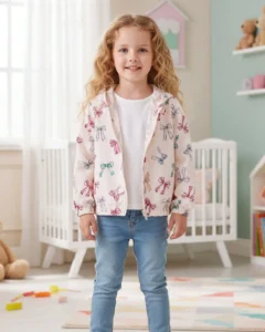 Chaqueta ligera con capucha, cremallera y estampado de lazos coloridos