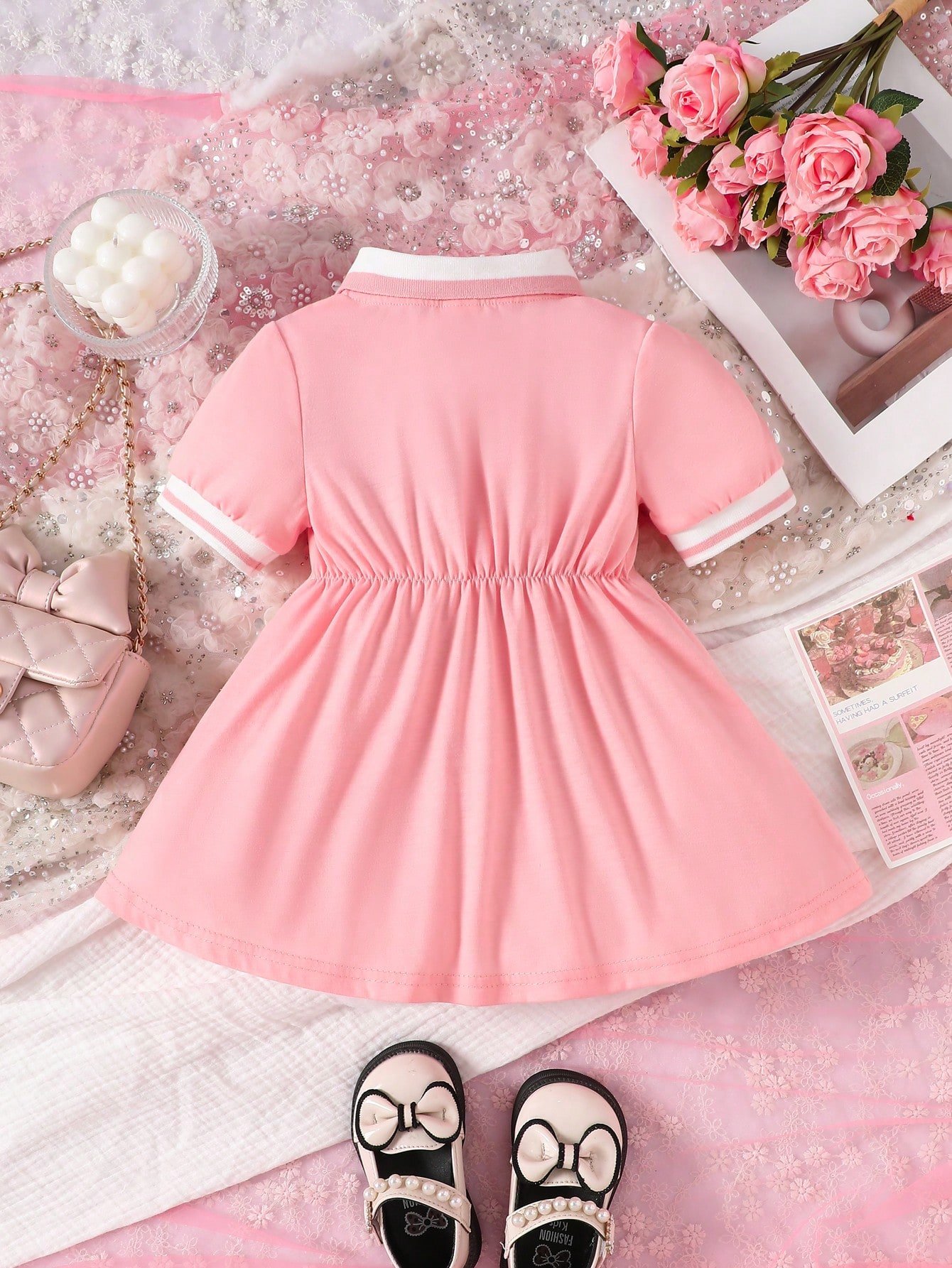Vestido informal rosa para niñas bebé, con cuello y puños de canalé - Imagen 2
