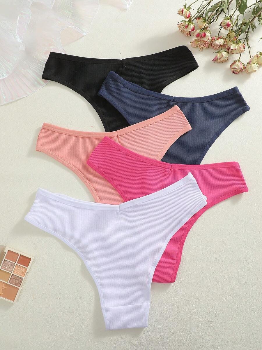 Set de 5 bragas de bikini sexys de cintura baja, acanaladas y transpirables - Imagen 2