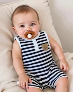 Mono de tirantes corto con estampado de oso lindo y rayas negras