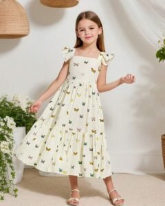 Vestido de niña casual con estampado de mariposa y cuello cuadrado