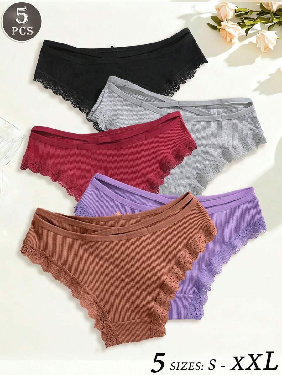 5 piezas Bragas de bikini con parches de encaje, cómodas y transpirables - Imagen 2