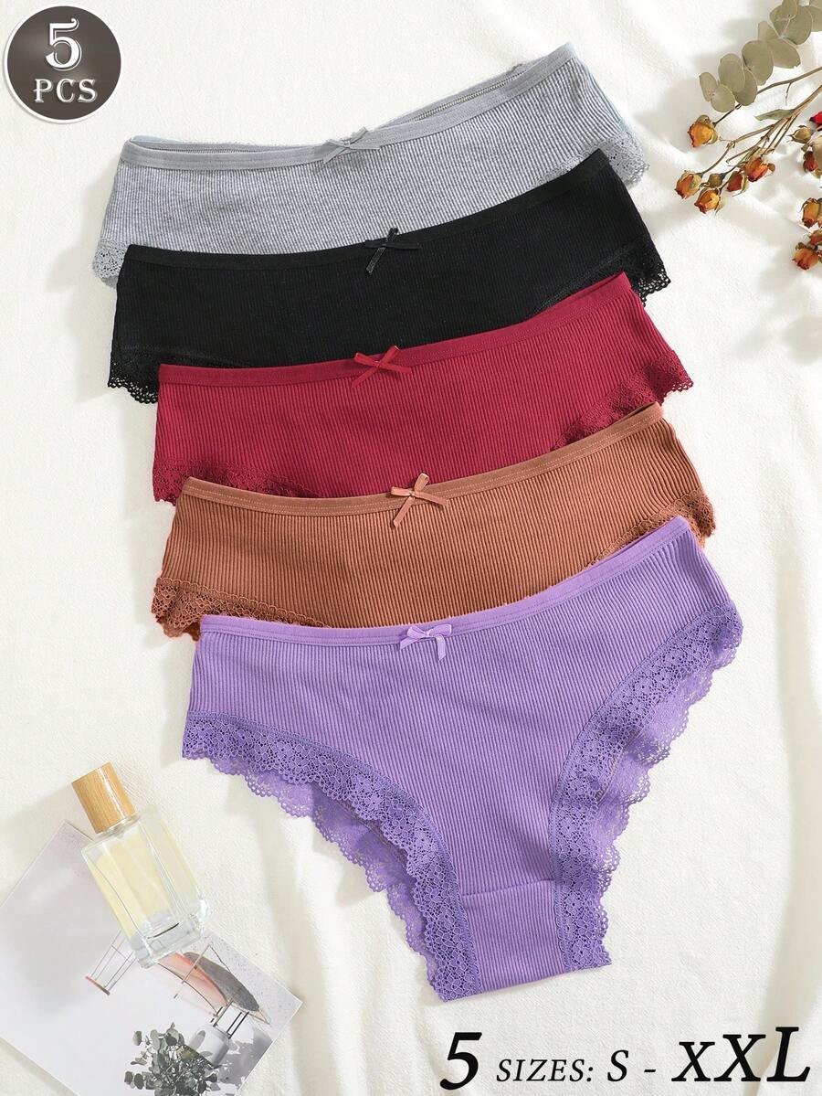 5 piezas Bragas de bikini con parches de encaje, cómodas y transpirables - Imagen 3