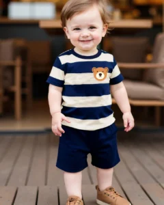 Camiseta de manga corta con estampado de oso y rayas + pantalones cortos azul marino