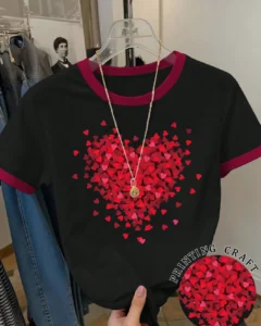 Camiseta de manga corta casual de mujer con estampado de corazón