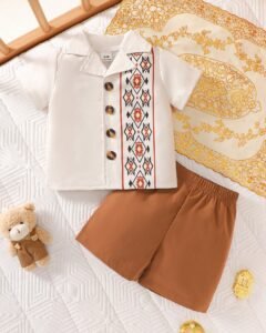 Chaqueta de punto con cuello de solapa de manga corta con pantalones cortos marrones