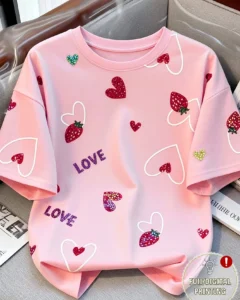 Camiseta de manga corta con cuello redondo y estampado de corazón y fresa para mujer