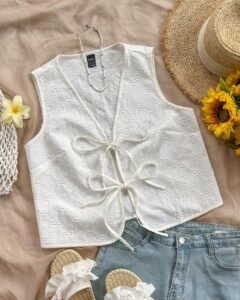 Camiseta sin mangas casual de mujer con detalle de atar y tela texturizada