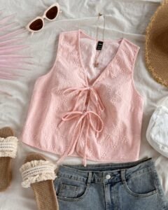 Camiseta sin mangas casual de mujer con detalle de atar y tela texturizada