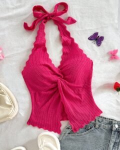 Camiseta sin tirantes sexy y con estilo, con nudo, bajo con abertura y espalda abierta