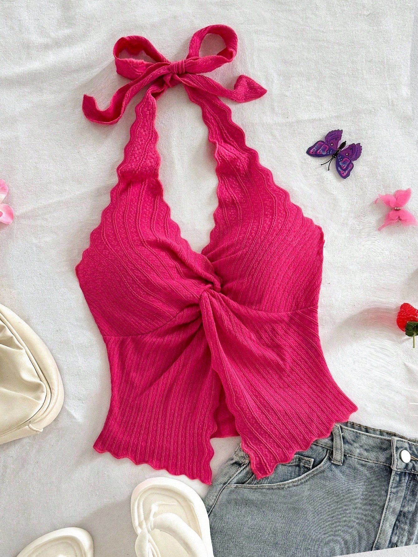 Camiseta sin tirantes sexy y con estilo, con nudo, bajo con abertura y espalda abierta