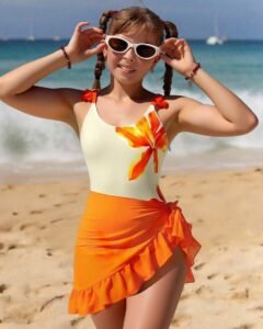 traje de baño de una pieza con estampado floral y falda naranja anudada