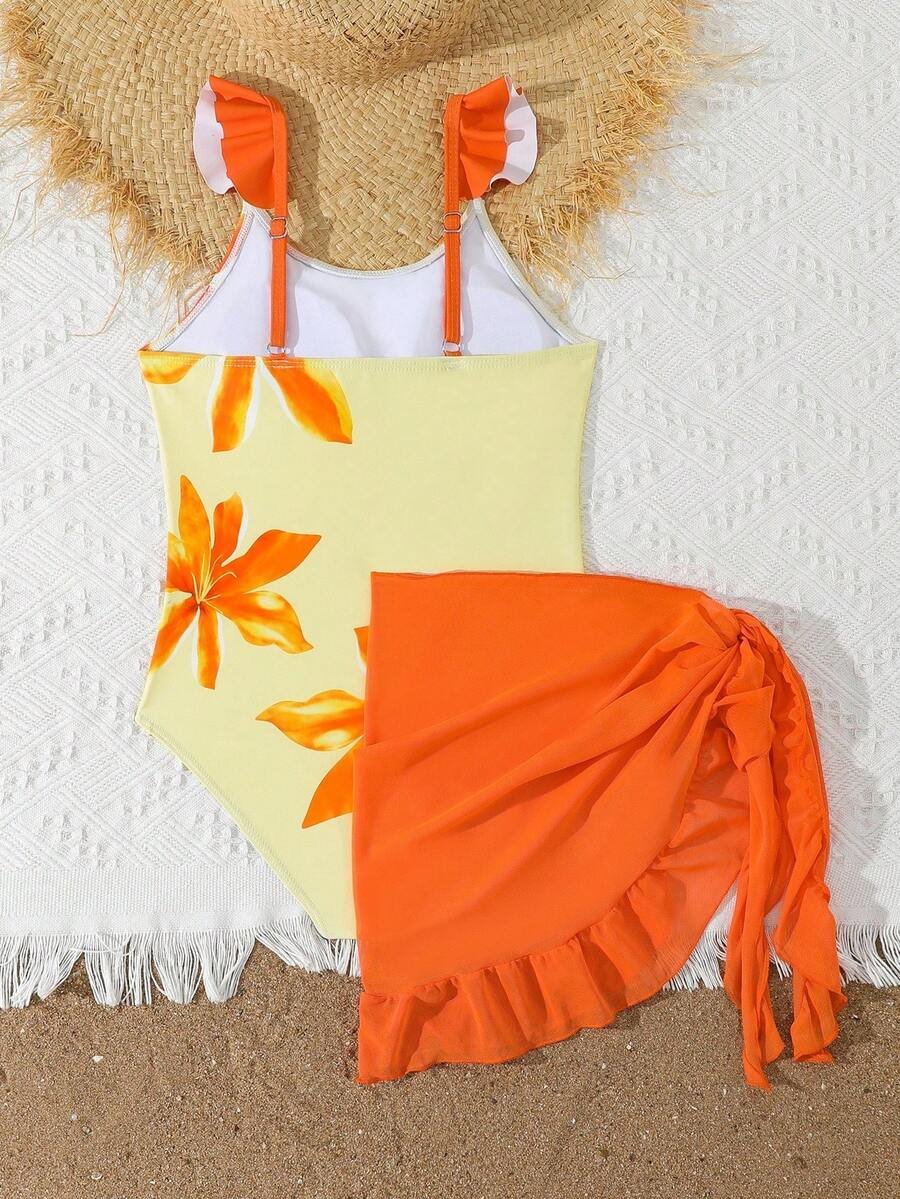 traje de baño de una pieza con estampado floral y falda naranja anudada - Imagen 2