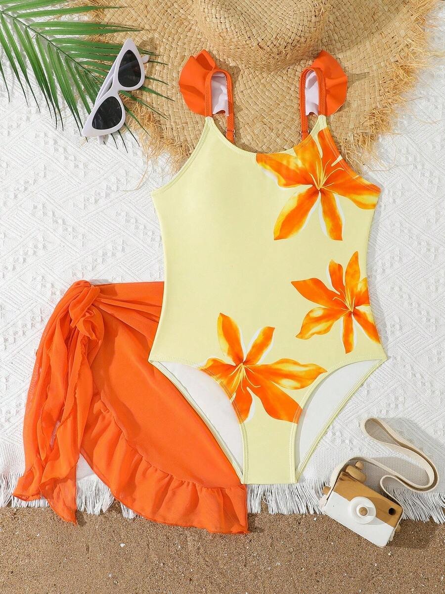 traje de baño de una pieza con estampado floral y falda naranja anudada - Imagen 3