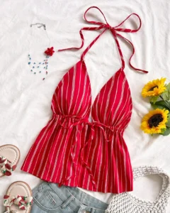 Blusa sin espalda con cuello en V y textura casual de tela blanca