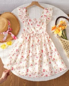 Vestido informal para niña preadolescente con cuello cuadrado