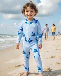 Traje de baño para niños pequeños, azul claro, estampado de ballena