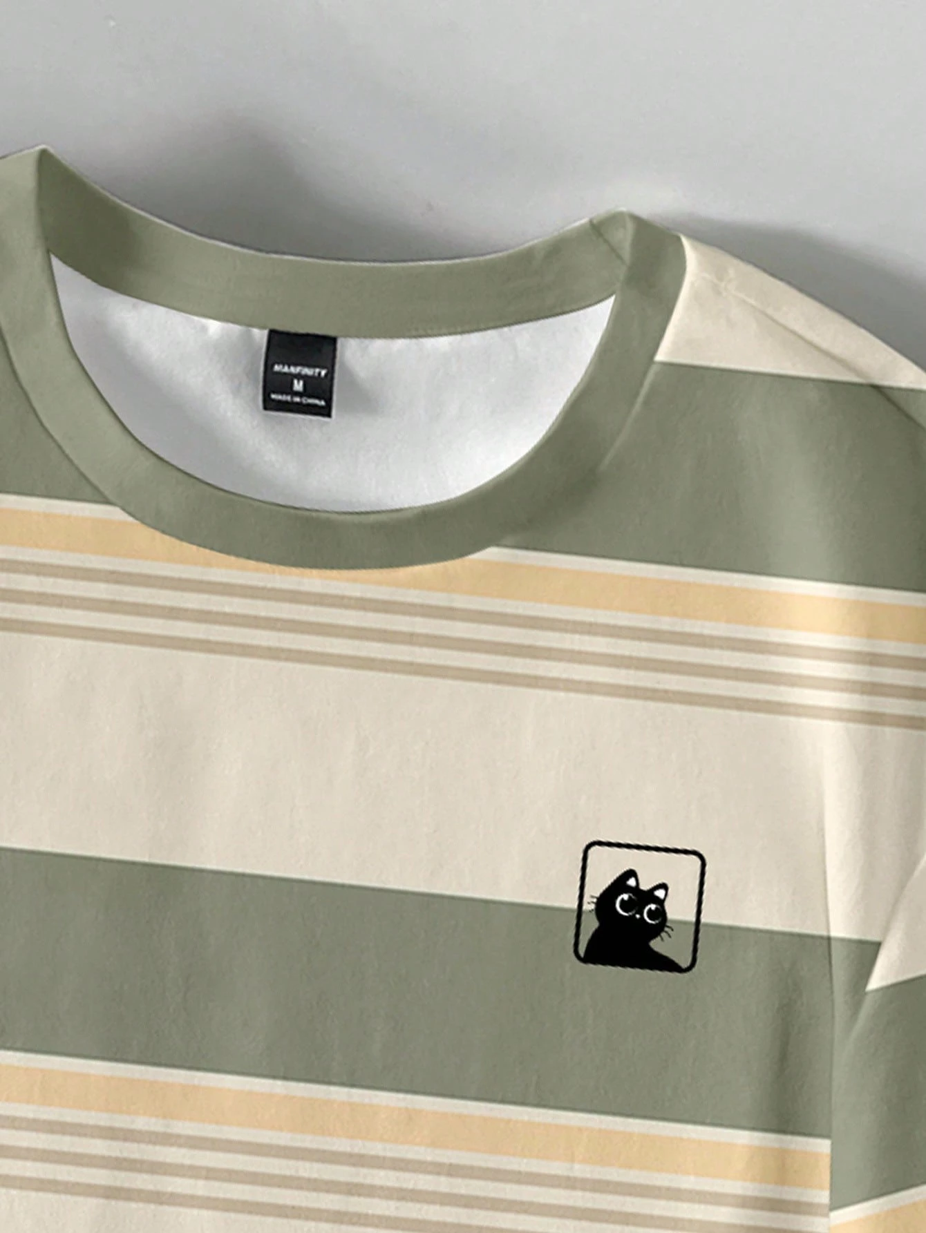 Camiseta casual de hombre a rayas con estampado divertido de gato - Imagen 3