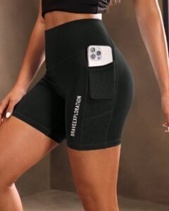 Shorts deportivos con gráfico de letras, cintura ancha y bolsillo para teléfono