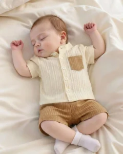 camisa de tela a rayas verticales en marrón y blanco con bolsillo + pantalones cortos a juego