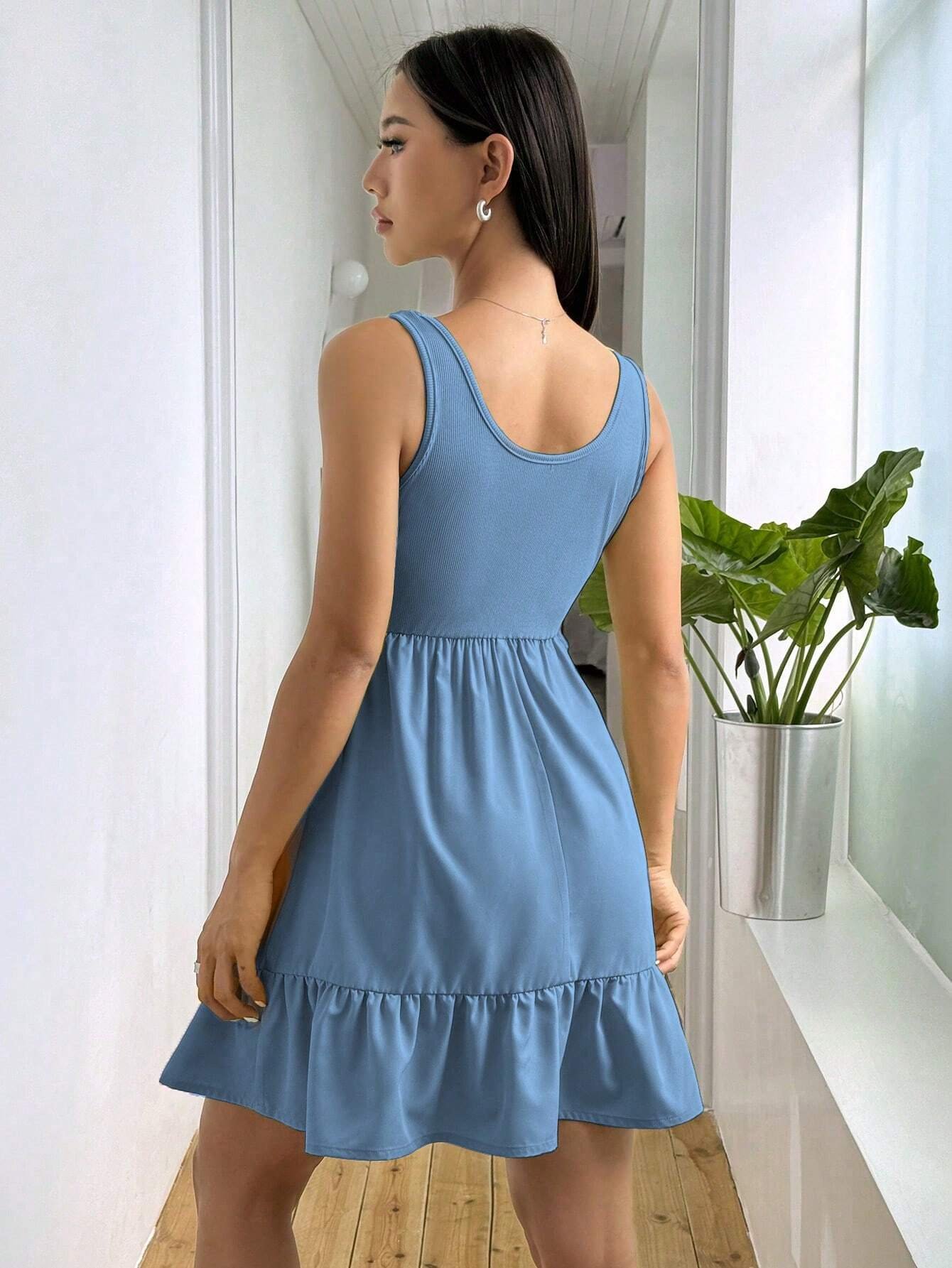 Vestido Sin Mangas De Mujer Con Cuello Cuadrado De Punto Acanalado - Imagen 2