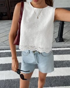 Camisa casual francesa sin mangas con lazo en la espalda y dobladillo bordado