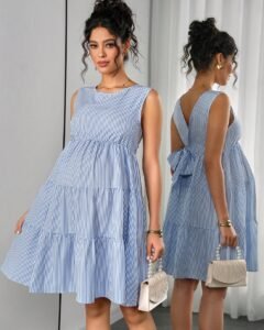 Vestido de maternidad elegante con lazo, escote en V y estampado de rayas