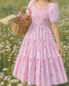 Vestido midi con cuello de lazo a rayas con mariposa rosa