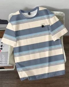 Camiseta casual de hombre a rayas con estampado divertido de gato