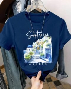 Camiseta con estampado del patrón de Santorini, Grecia para mujer
