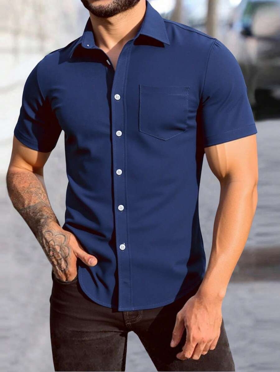 Camisa de manga corta casual de un solo pecho con bolsillo de unicolor