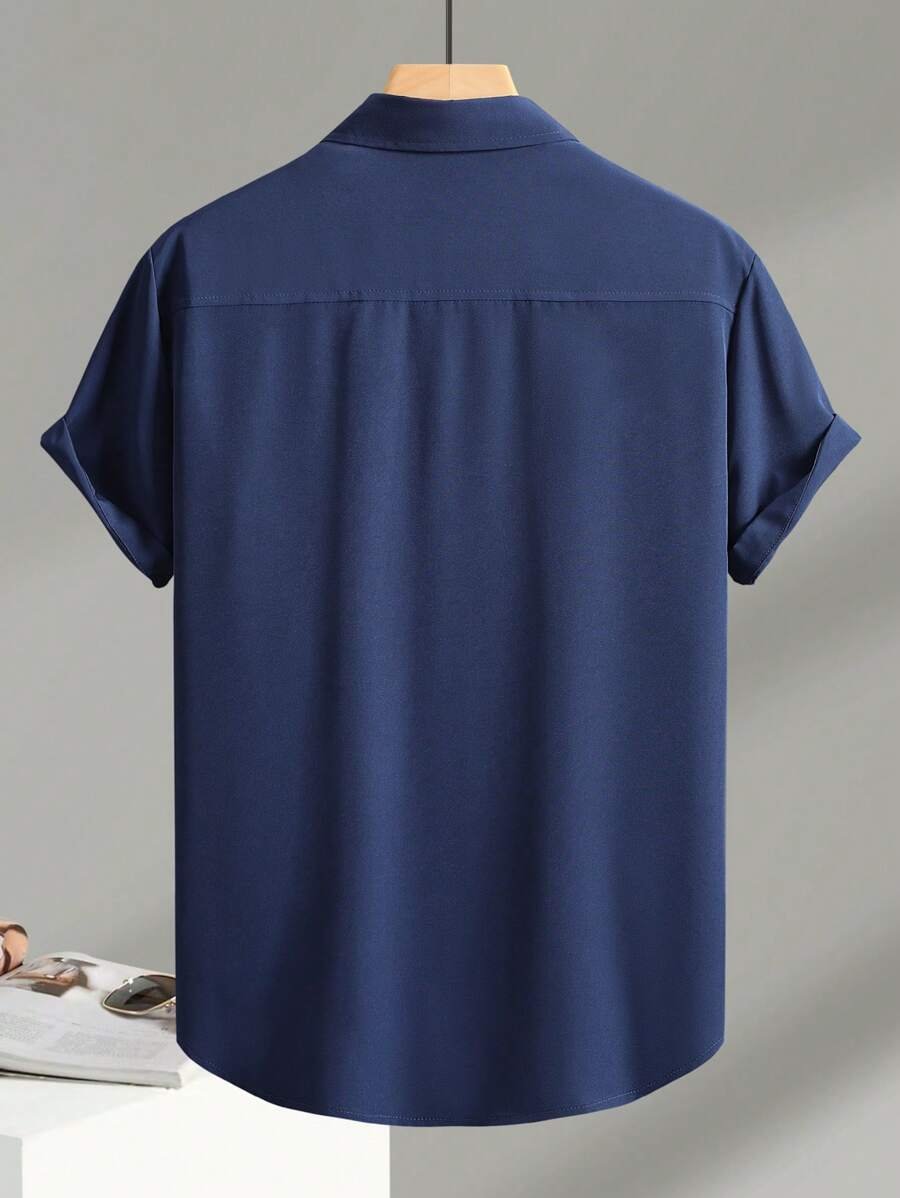 Camisa de manga corta casual de un solo pecho con bolsillo de unicolor - Imagen 2