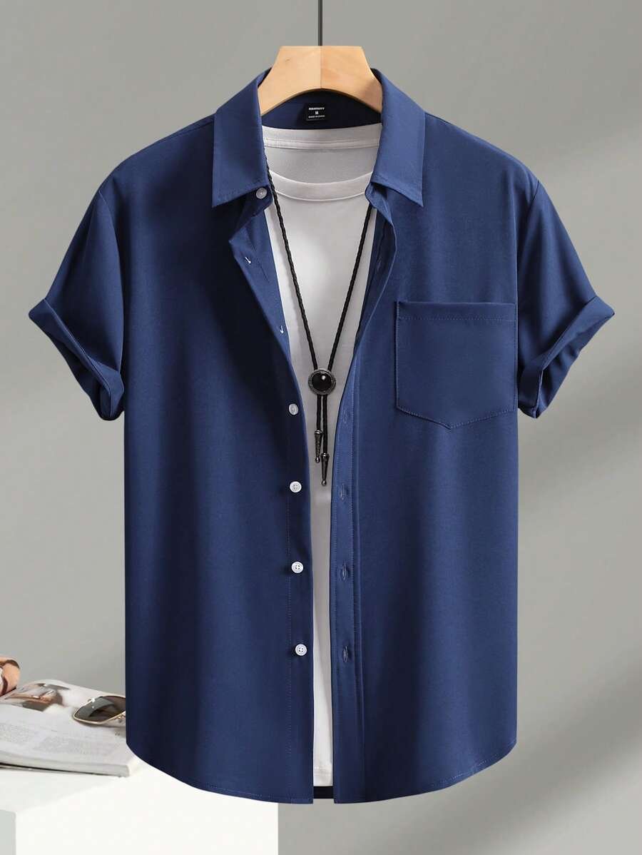 Camisa de manga corta casual de un solo pecho con bolsillo de unicolor - Imagen 3