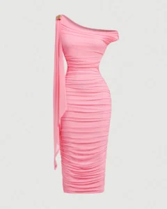 Vestido midi de mujer con cuello asimétrico drapeado