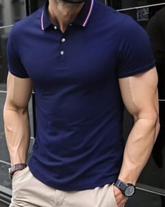 Polo de golf para hombre con ribete de contraste, camisa casual de trabajo con cuello de botón medio
